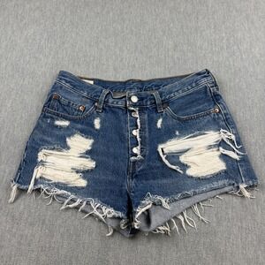 Levi's 501 Shorts Women 28 Blue Denim Mini Button Fly Distress Original Classic